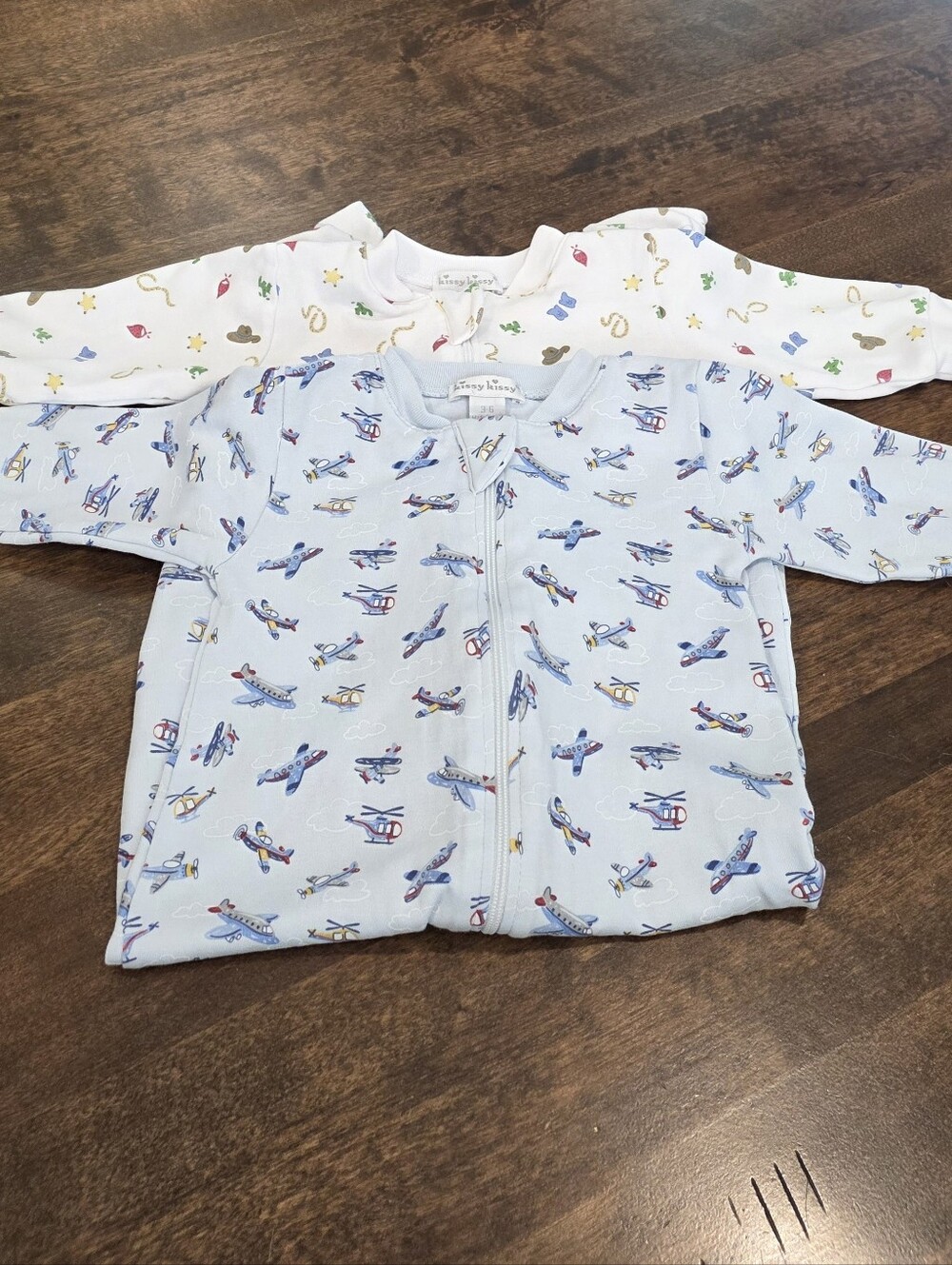 Lot (2) Kissy Kissy Footed One Pieces Airplane Cowboy Flying Western 3-6m